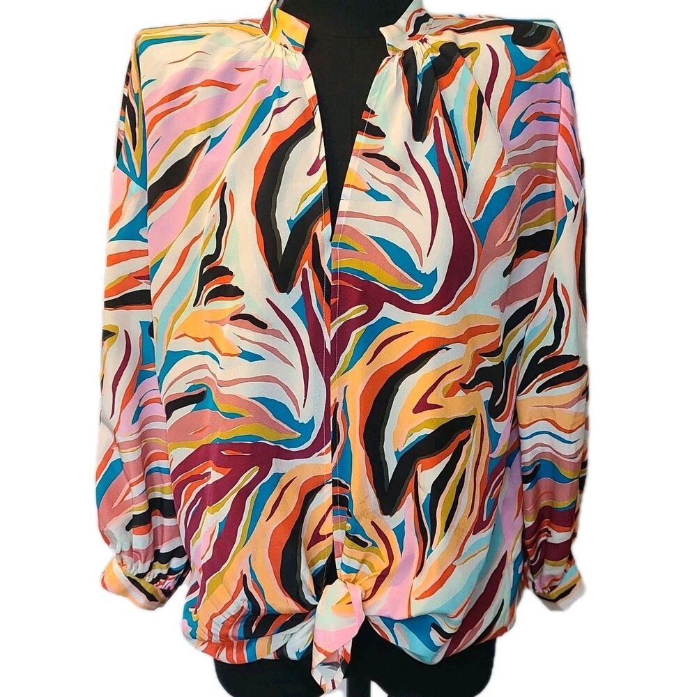Marie Oliver Top Blouse Silk Women Sz XS Pink 3/4 Sleeve Front Tie Artistic